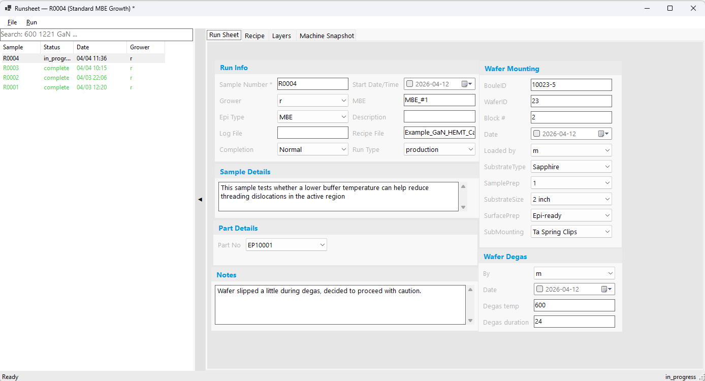 Runsheet Recipe Run Page